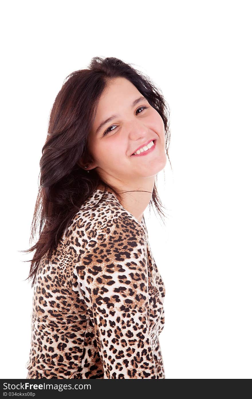 Beautiful young woman smiling, isolated on white, studio shot