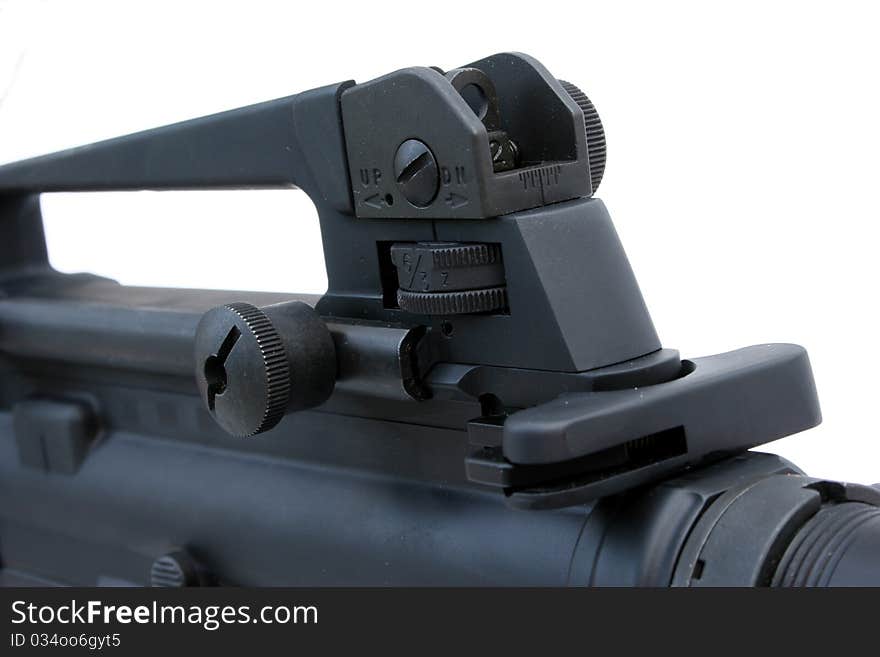 Close up of the rear sight of an AR-15. Close up of the rear sight of an AR-15.