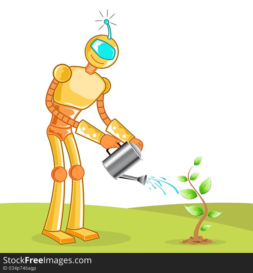 Illustration of robot gardening tree