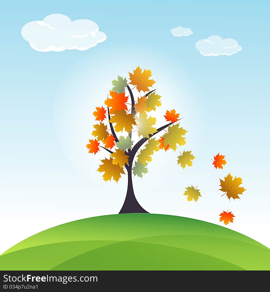 Illustration of autumn card with sky and tree