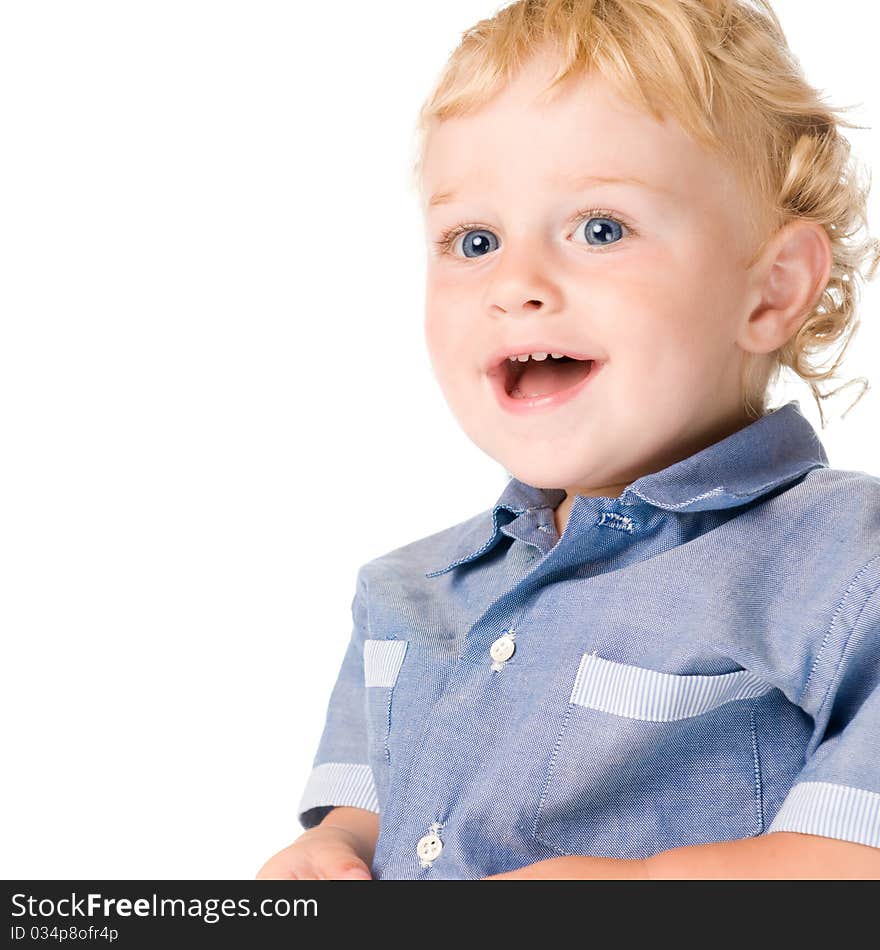 Beautiful happy little boy laughing and looking away isolated on white background. Beautiful happy little boy laughing and looking away isolated on white background