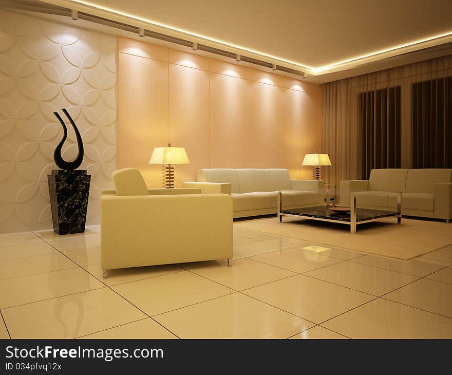 Interior fashionable living-room 3D rendering. Interior fashionable living-room 3D rendering