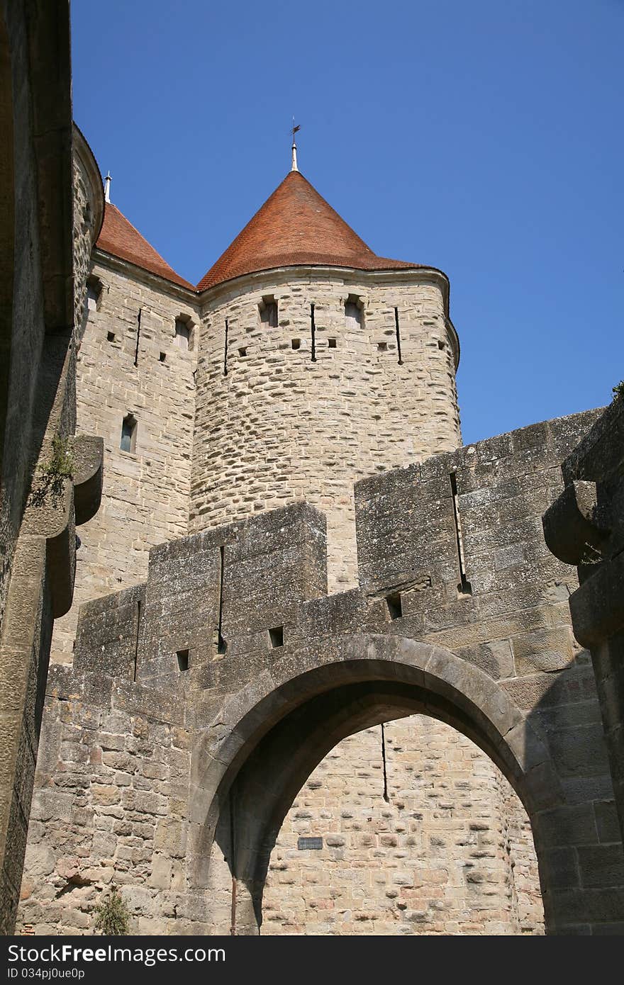 Tower and gateway of Carcassonne Castle in France in sunlight