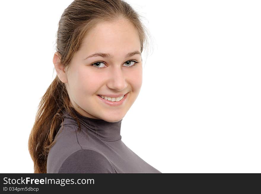 Portrait of young woman on a white background