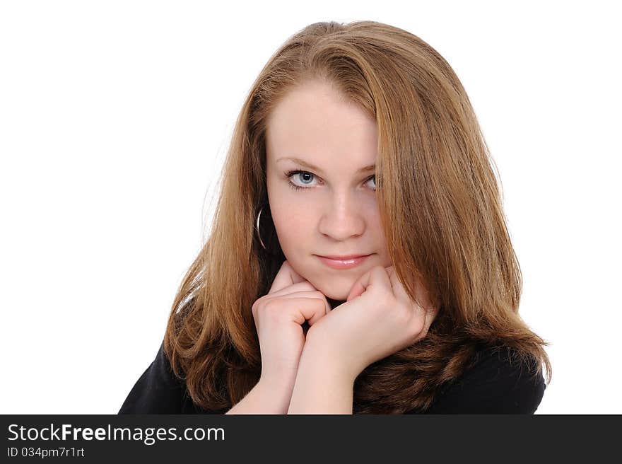 Portrait of young woman on a white background