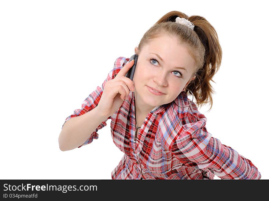 Girl using a mobile phone  On a white background