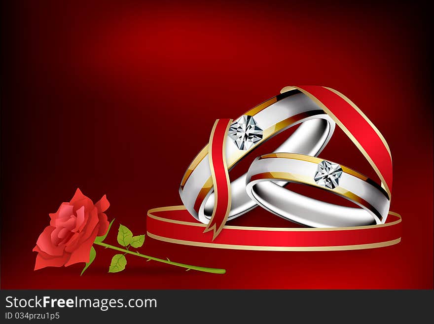 Illustration of engagement ring with rose flower with abstract background