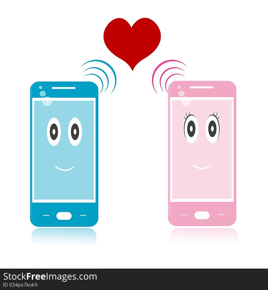 Male and female mobile icons with heart