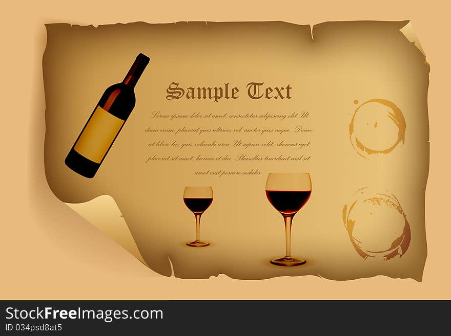 Illustration of celebration card with wine and wine glass