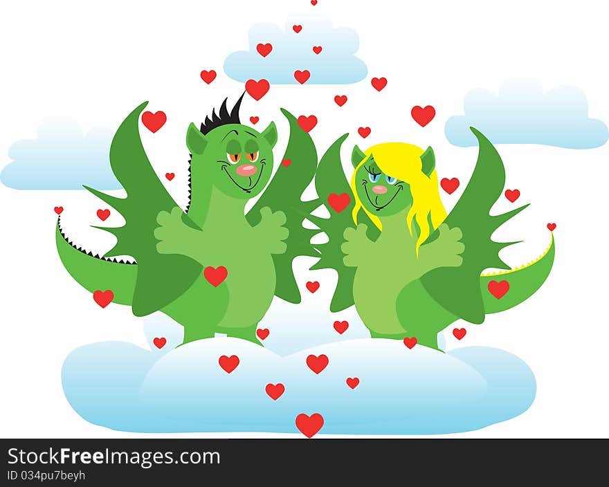 In love dragons steam in sky in surroundings clouds and hearts.