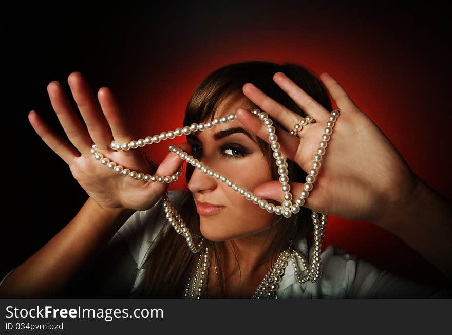 Wide angle photo of funny looking beauty with beads