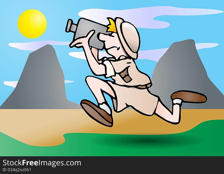 Illustration of a running safari cameraman on the scene