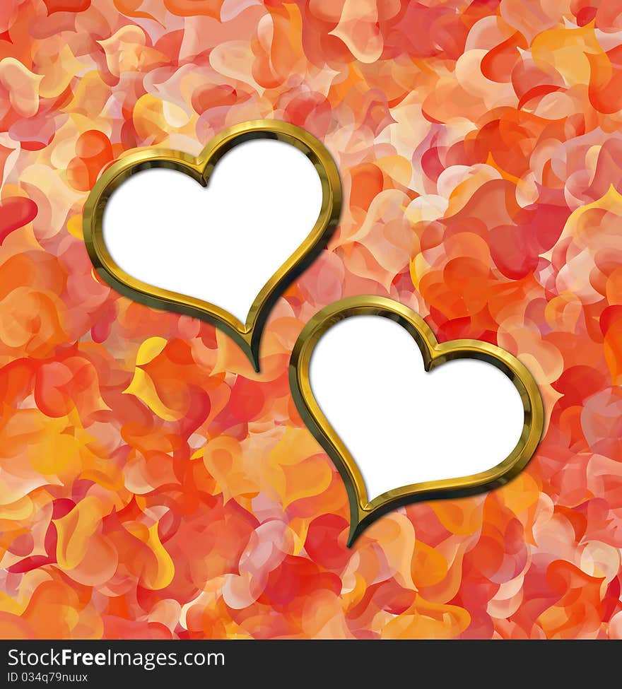 Two Valentine's golden hearts on abstract hearts background with a free white zones