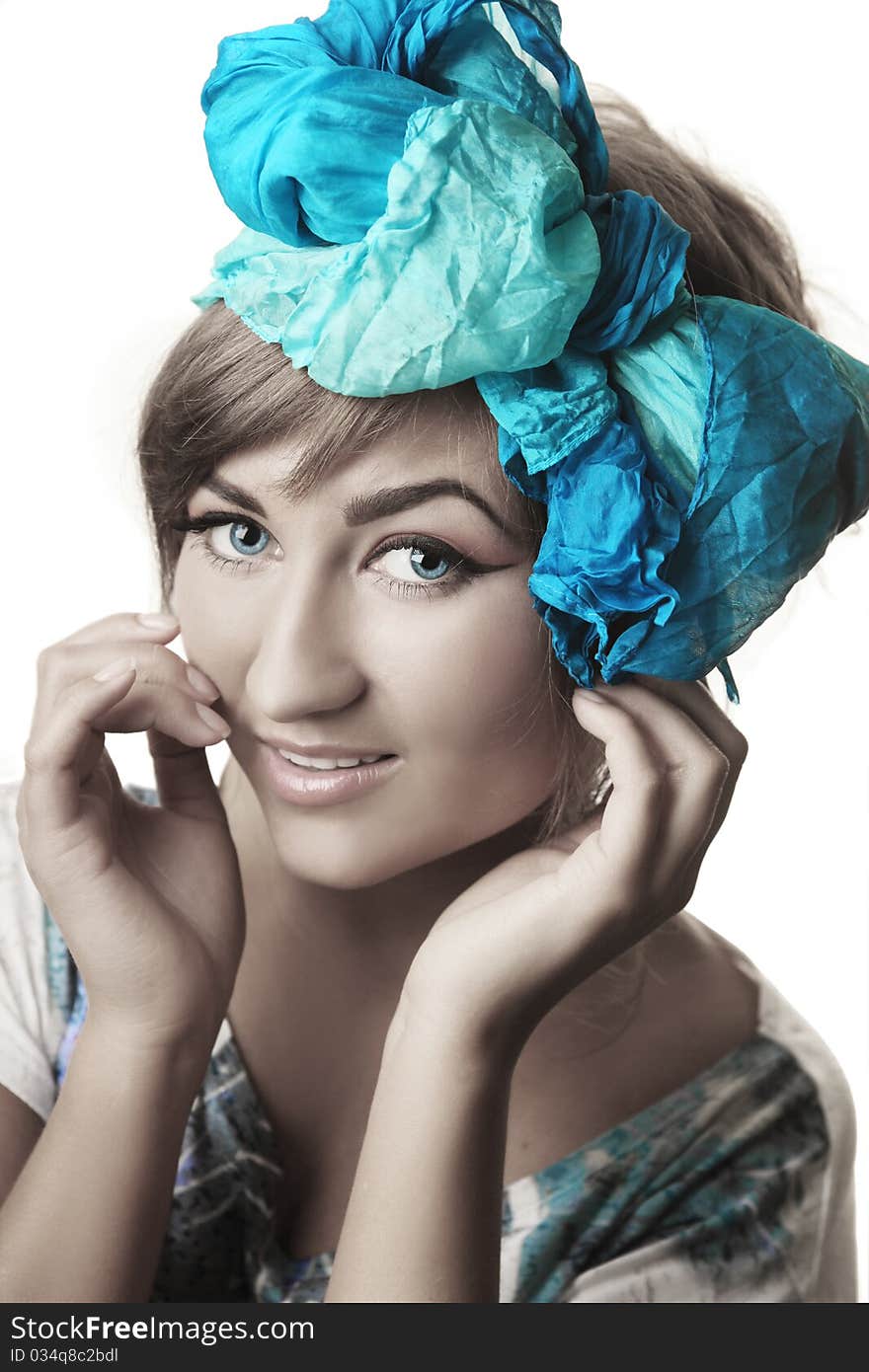 Portrait of young beautiful woman with blue bow. Portrait of young beautiful woman with blue bow