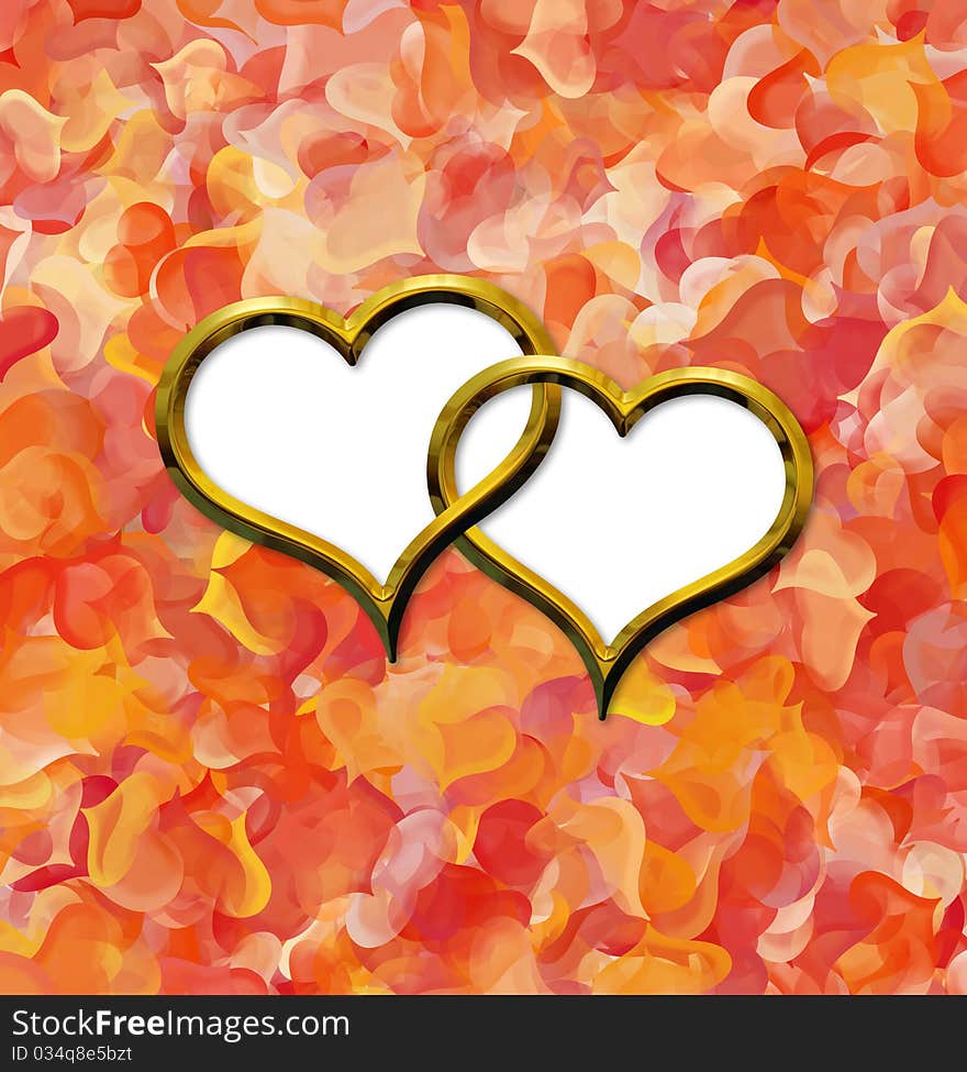 Two Valentine's golden hearts on abstract hearts background with a free white zones