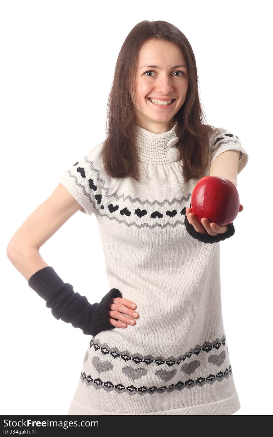 Happy Fashionable Young Woman Offering Red Apple