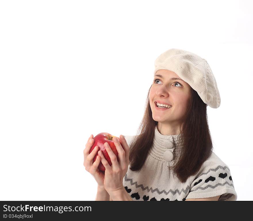 Happy beautiful young woman holding red apple, copyspace; isolated on white