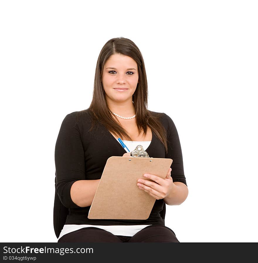 Pretty young woman with clipboard on white background. Taking inventory, checking checklist. Pretty young woman with clipboard on white background. Taking inventory, checking checklist.