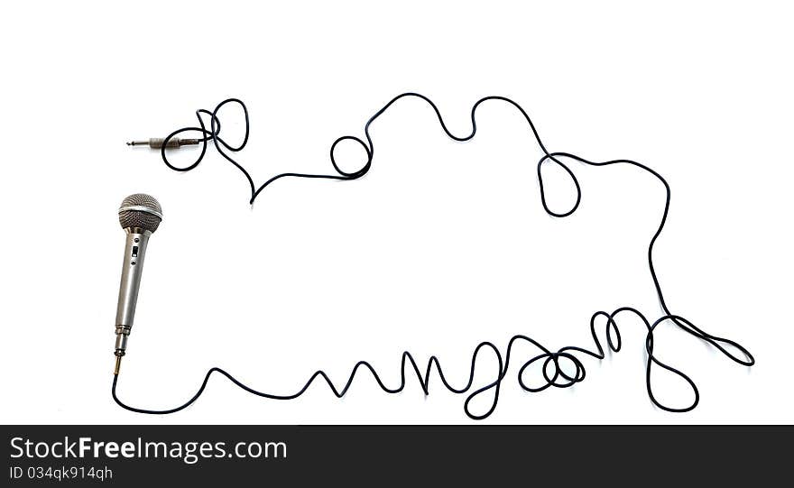 Silver microphone with black wire isolated frame on white. Silver microphone with black wire isolated frame on white