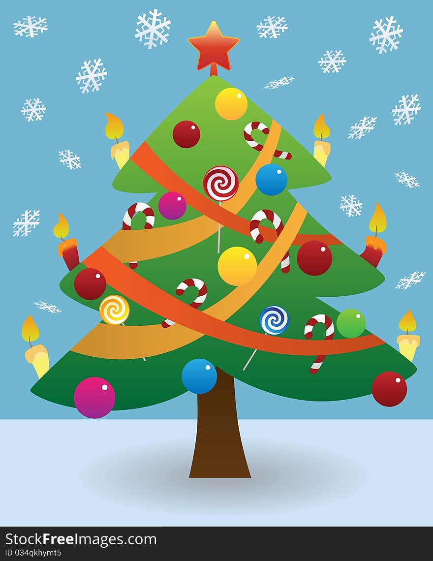 Illustration of Christmas tree and snowfall