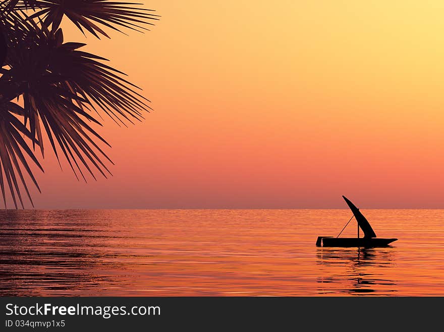 Small boat at sunset sea. Small boat at sunset sea