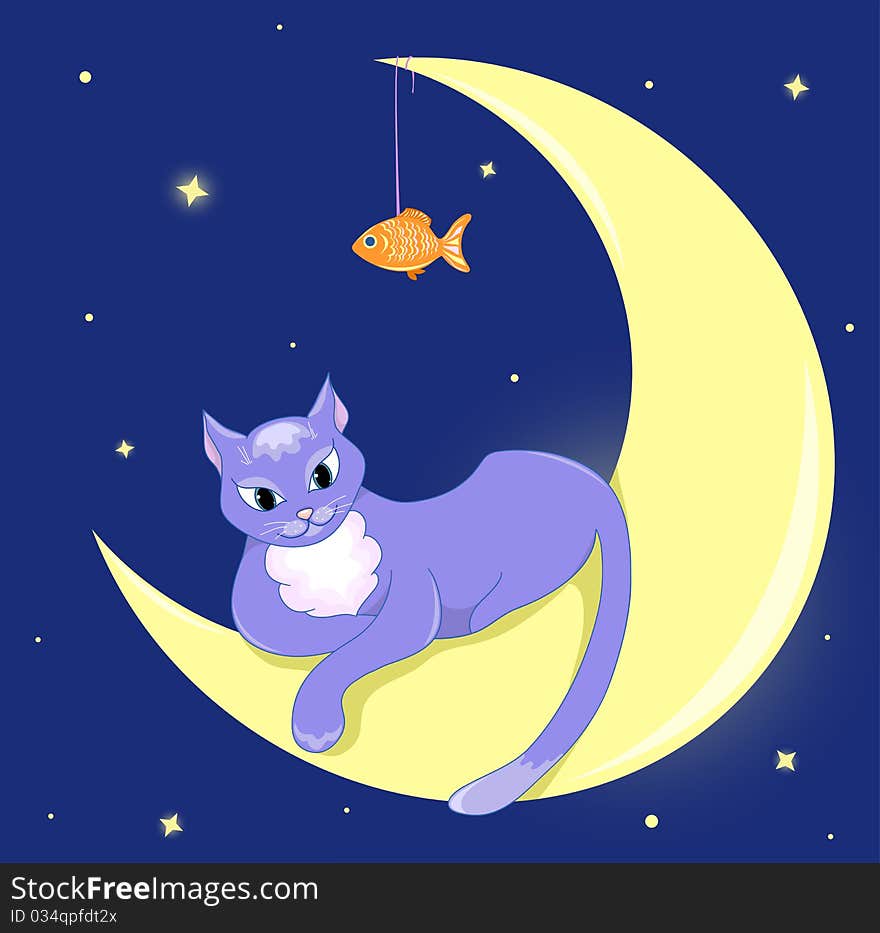 The cat lies on a half moon. Vector illustration.