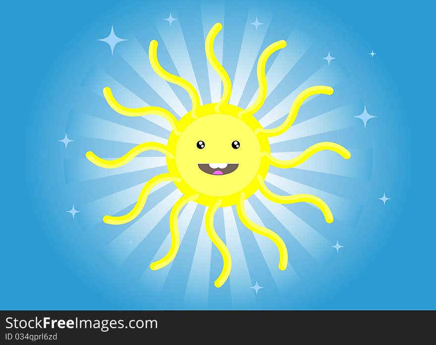 Funny cartoon sun smiling in blue sky. Funny cartoon sun smiling in blue sky