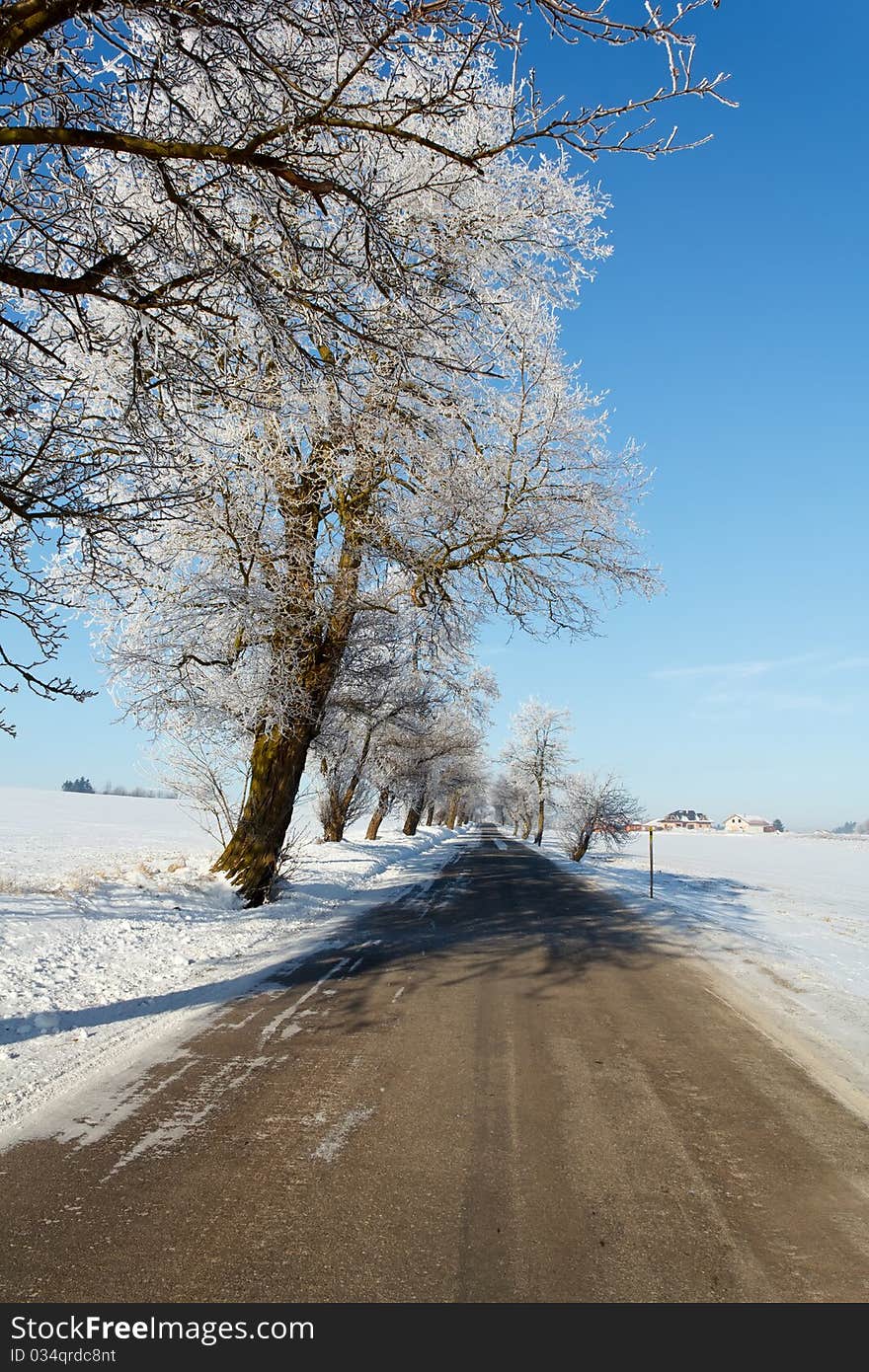 Winter road on a sunny frosty day with blue sky