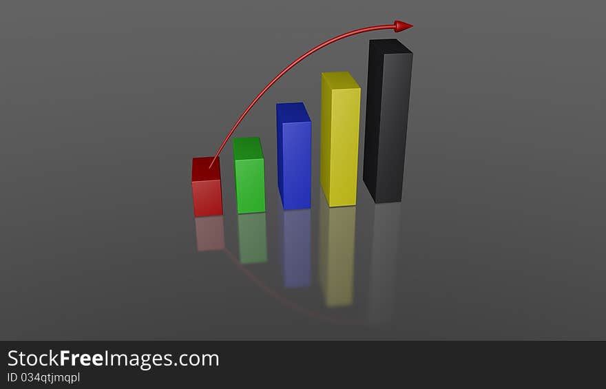 A Business Financial 3D Bar Graph in colours with arrow. A Business Financial 3D Bar Graph in colours with arrow