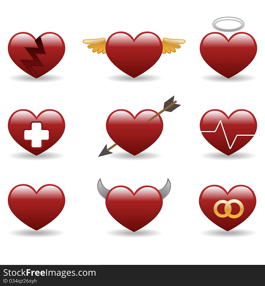 Heart glossy icons set