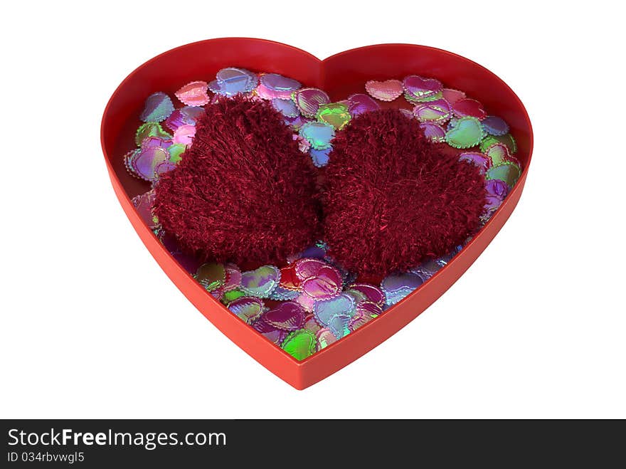 Valentine day heart shaped wool balls in red tray with sparkles. Valentine day heart shaped wool balls in red tray with sparkles