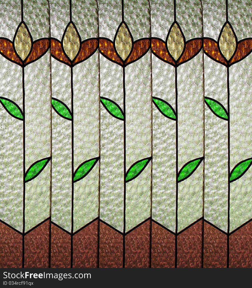 Background glass with green leaves and stylized flowers