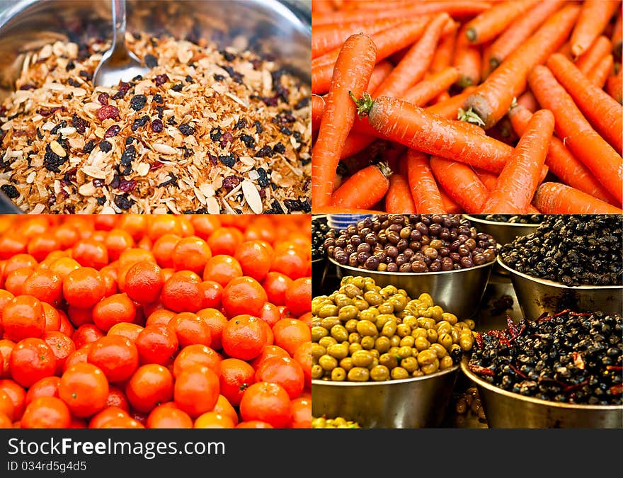 Selection of food stalls in the farmer's organic market. Selection of food stalls in the farmer's organic market