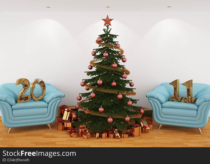 3d image Christmas tree in the interior with blue leathern chairs, and 2011 from gold. 3d image Christmas tree in the interior with blue leathern chairs, and 2011 from gold