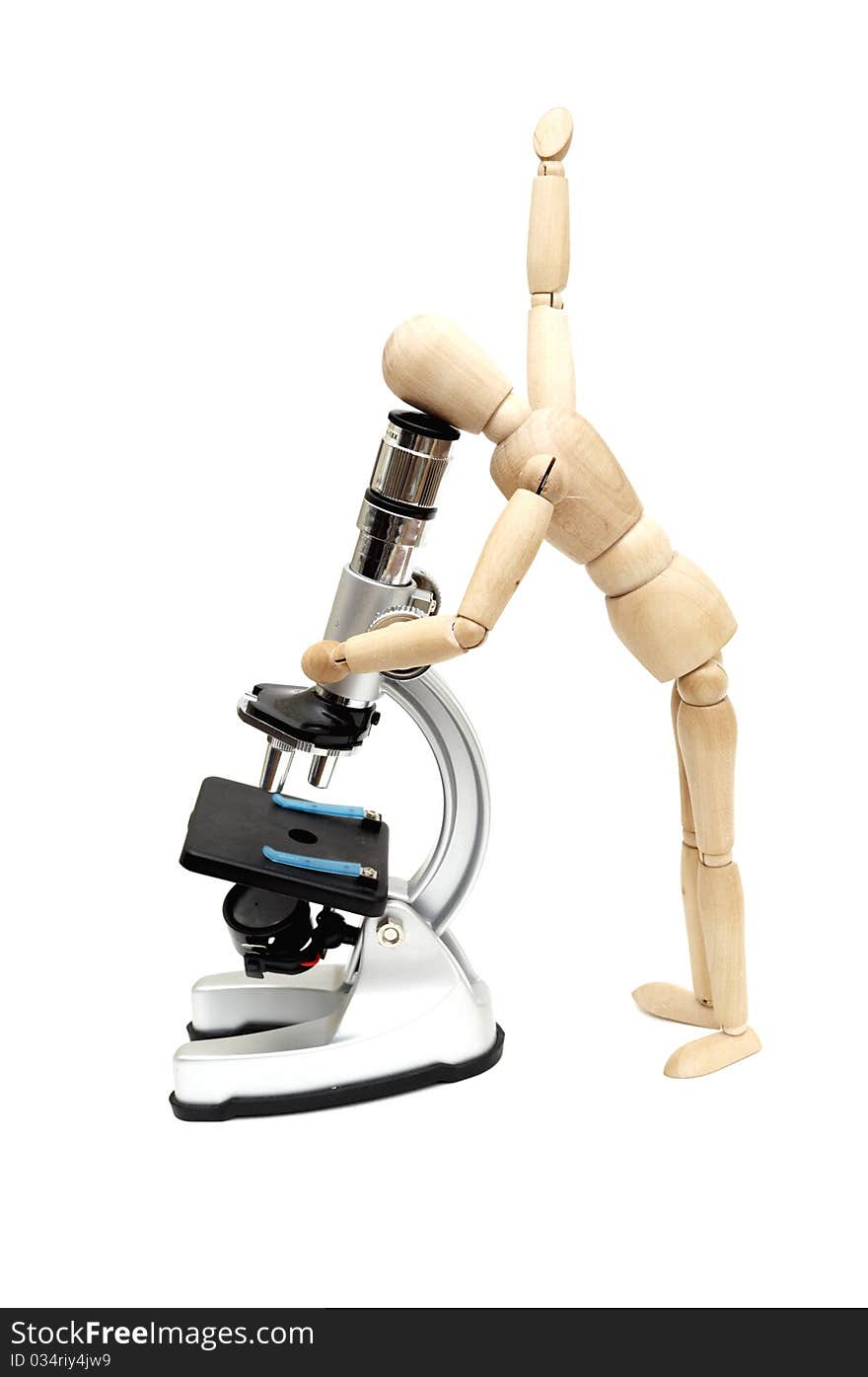 A man looking into a microscope isolated on white background