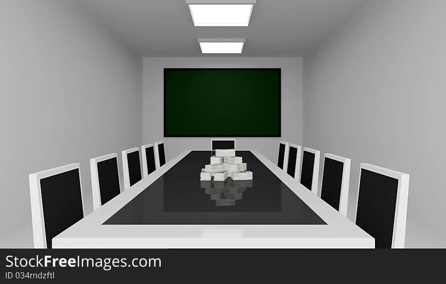 3d rendering of conference room with money on the table