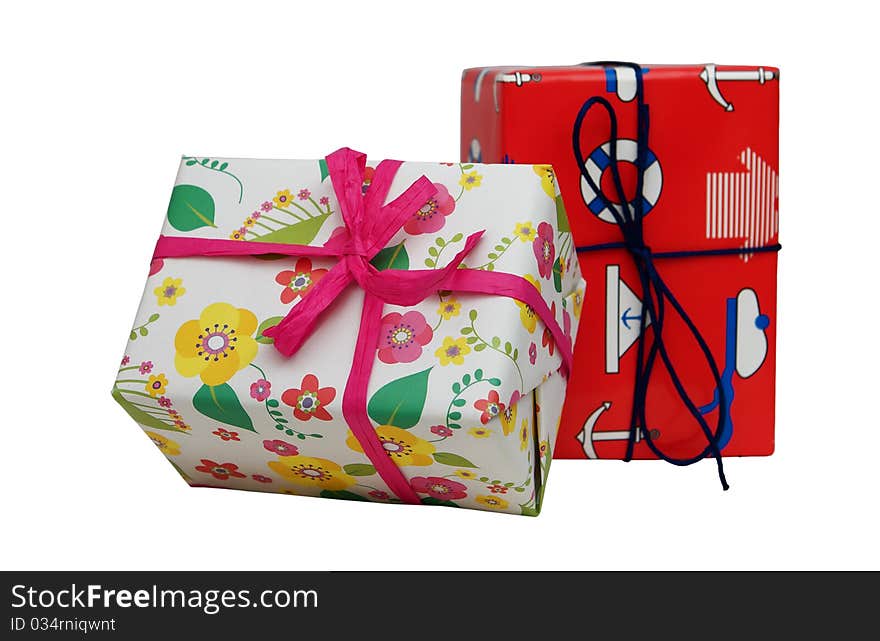 Multi-colored gift boxes on a white background