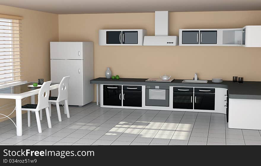 3d render of white modern kitchen interior