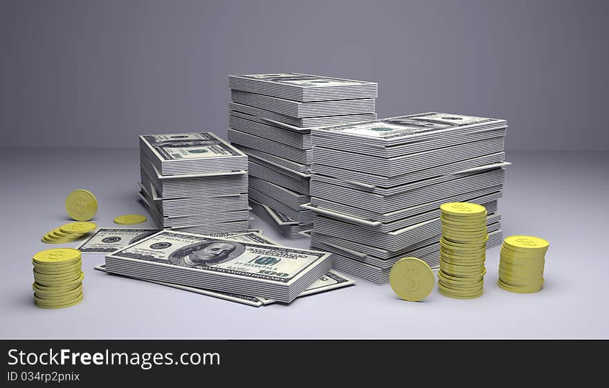 3d rendering of money and gold coins