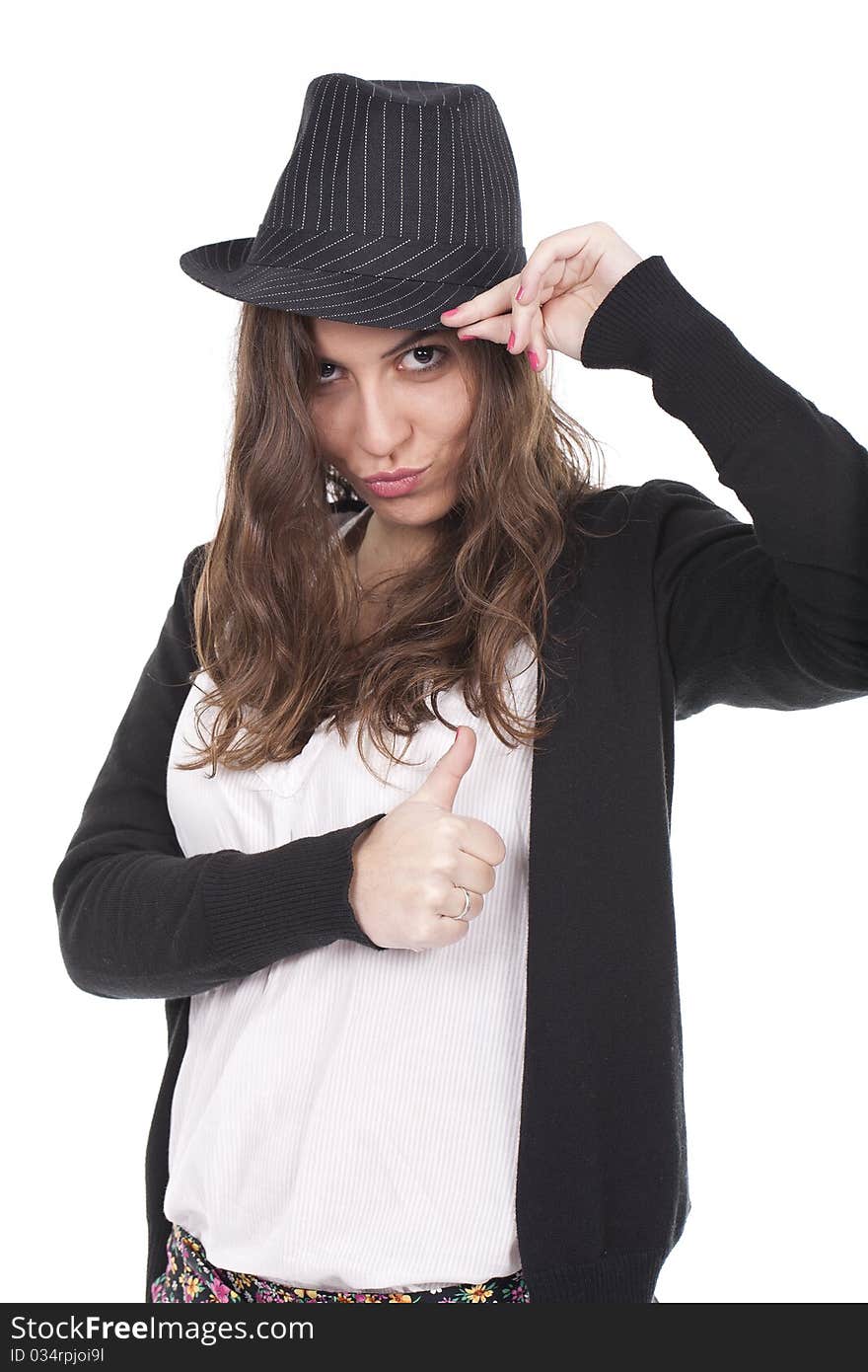 Beautiful modern woman in hat showing okay sign isolated on white background. Beautiful modern woman in hat showing okay sign isolated on white background