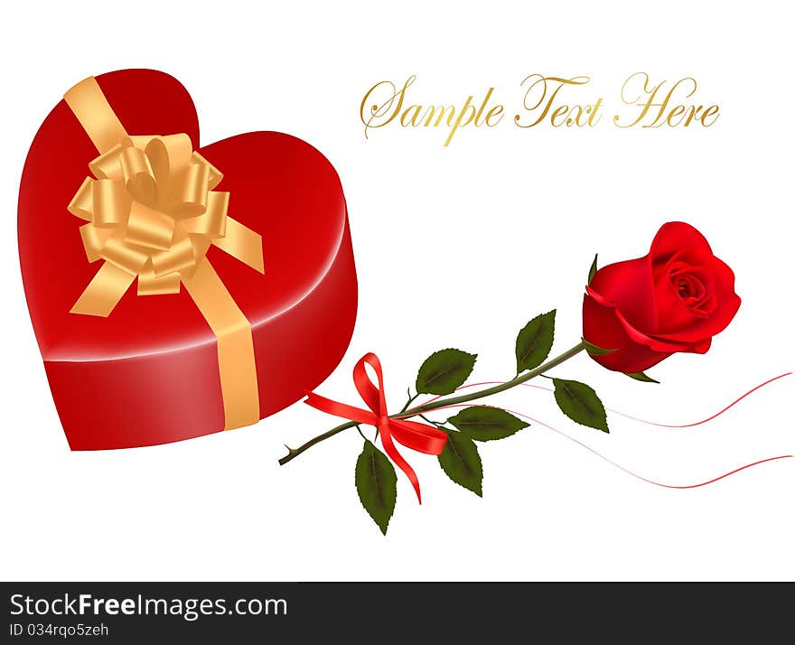 Valentine`s day card. Red rose and gift box with gold bow. Vector.