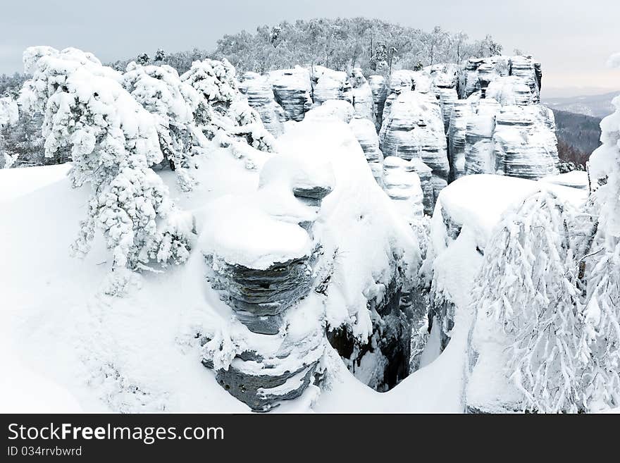 Snow covered landscape - Tiske steny rocks and trees. Snow covered landscape - Tiske steny rocks and trees