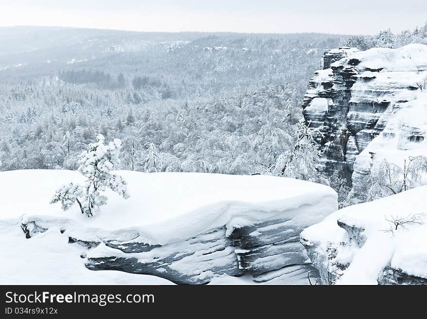 Snow covered landscape - Tiske steny rocks and trees. Snow covered landscape - Tiske steny rocks and trees