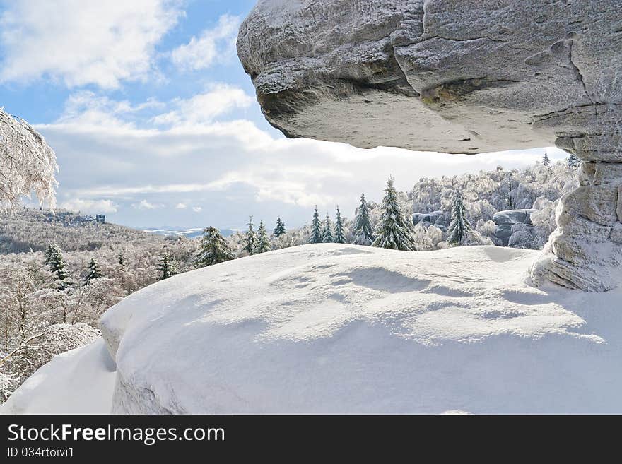 Snow covered landscape - Tiske steny rocks and trees. Snow covered landscape - Tiske steny rocks and trees