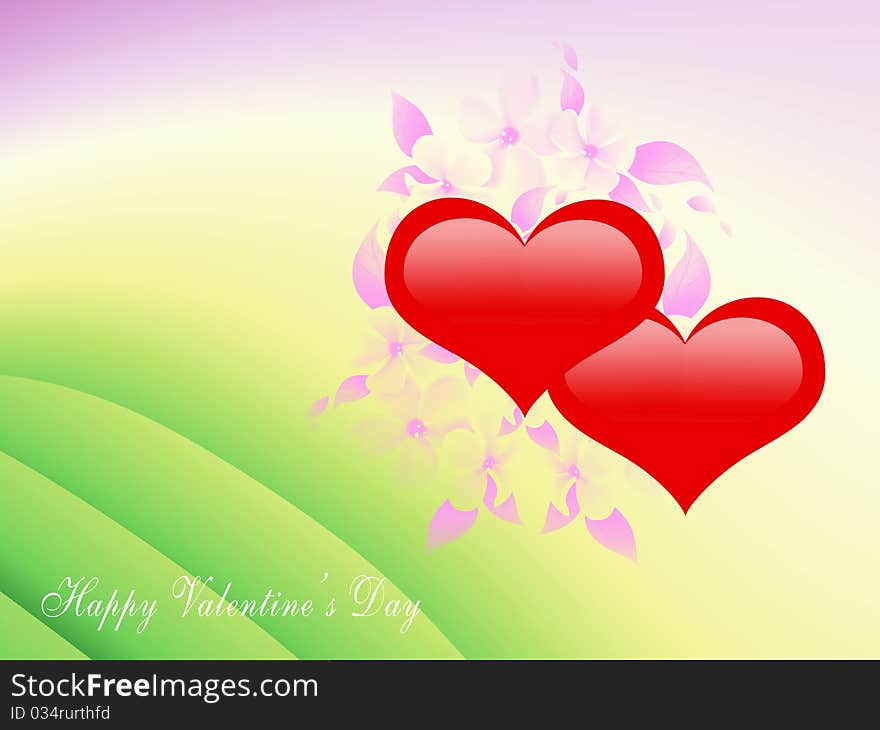 Valentine's greeting card with 2 red hearts on a background with soft blurred colors