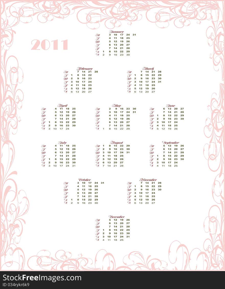 European floral calendar 2011, starting from Mondays - vector