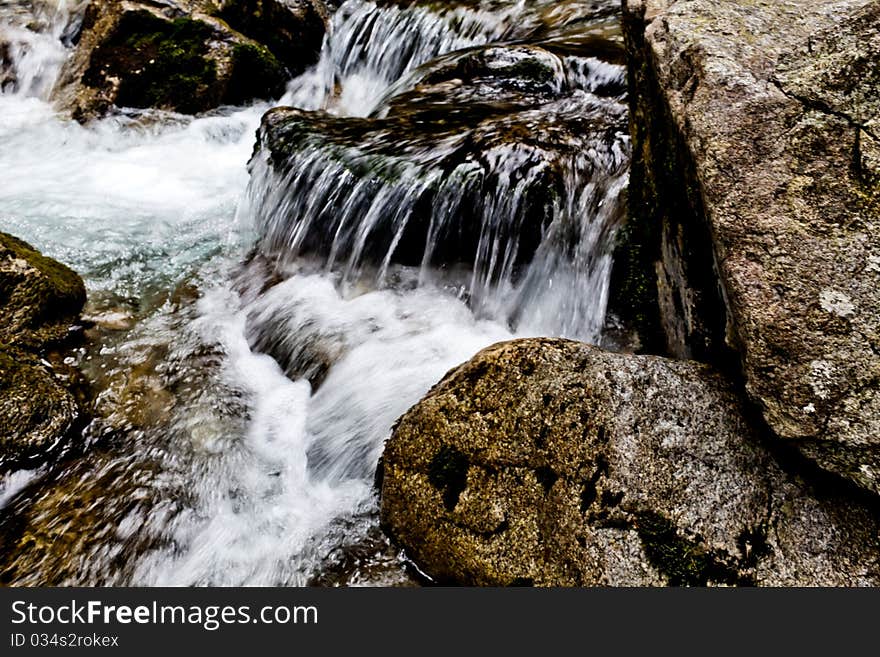 Peaceful mountain stream flows through lush forest