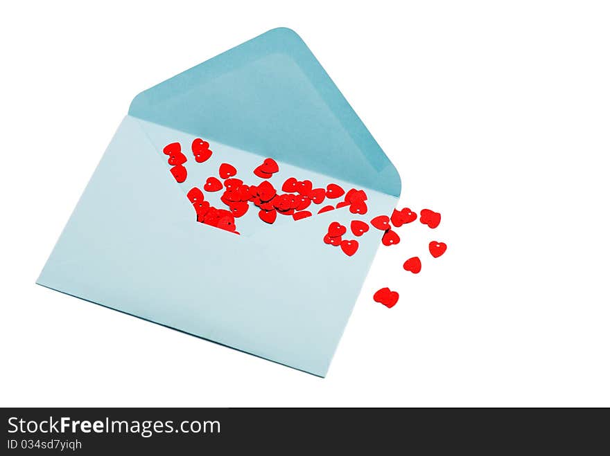 Hearts in an envelope, white background, isolated