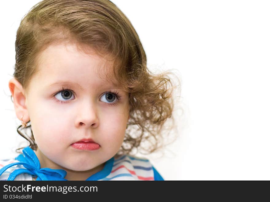 Little curly-haired girl, white background, portrait