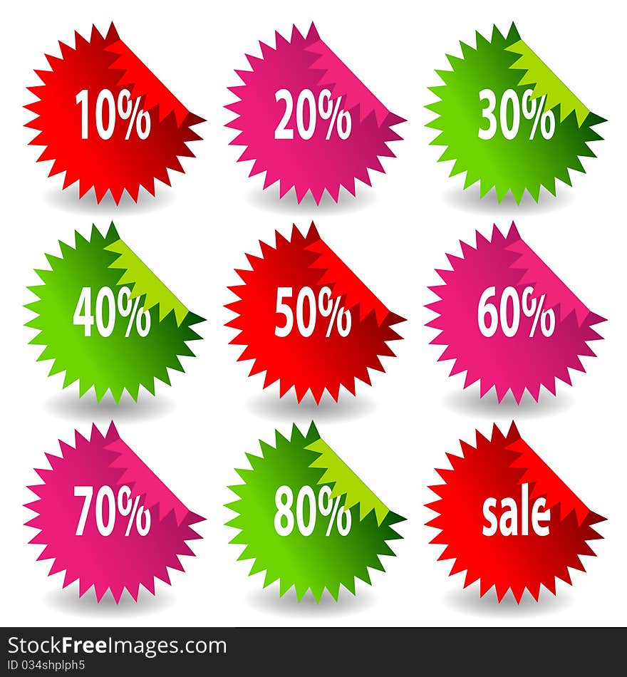 Glossy sale tag stickers with discount and reflection.